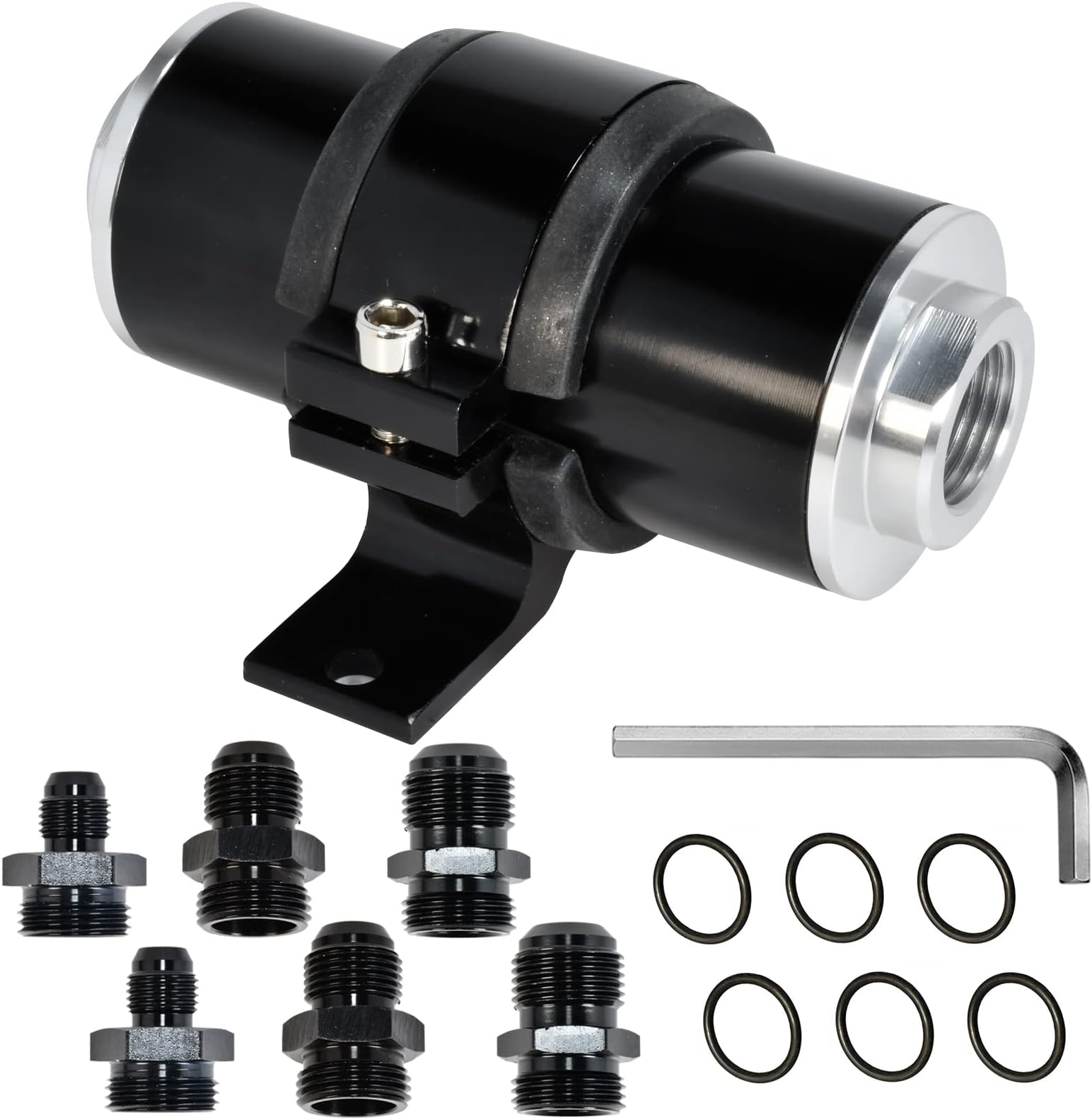 TuhooMall 50mm Air Filter Cleanable Inline Fuel Filter Mount Aluminum Inline Bracket Universal Black High Flow Turbo 6AN 8AN 10AN Adapter