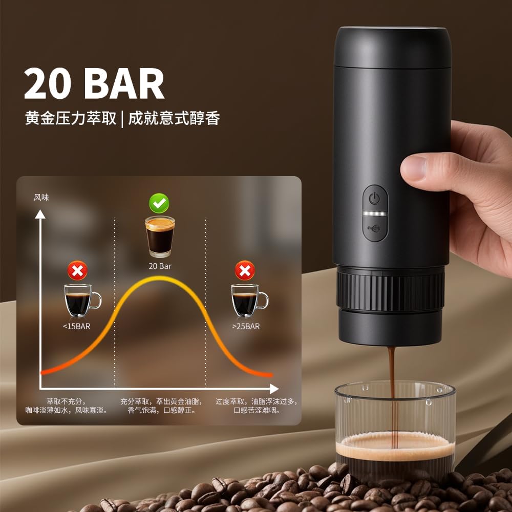 Portable Espresso Coffee Machine, Black, Compact Travel Size, USB Charging, Manual Operation, Glass Cup Base, 7.62x6.93 Inches