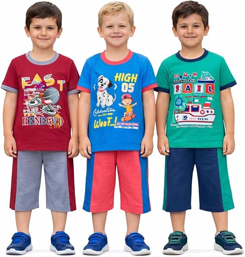 Kids Clothing Set T-Shirt & 3/4 Shorts Combo | Soft Breathable Cotton | Round Neck Short Sleeve | Printed | Pocket Shorts...