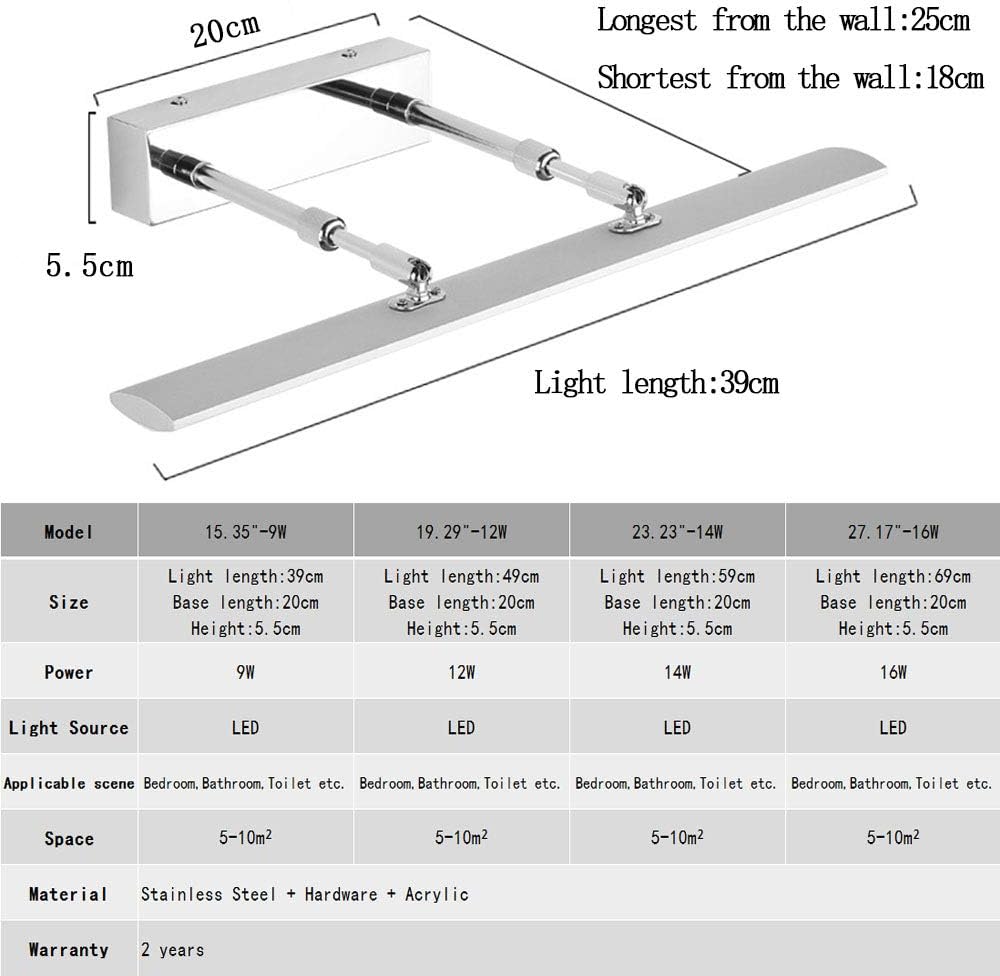 LITFAD Adjustable Wall Light Modern Under Cabinet Lighting Bathroom Vanity Light with Swivel Lamp Head 15.35" Length 9W LED Neutral Acrylic Toilet Ceiling Lights Silver