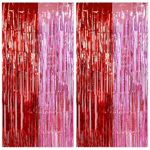 Image of TONIFUL Valentine's Day Door Streamers,Red and Pink Photo Booth Backdrop Metallic Streamers Foil Fringe Curtain for Birthday Valentine's Day Bridal Shower Engagement Party Decoration