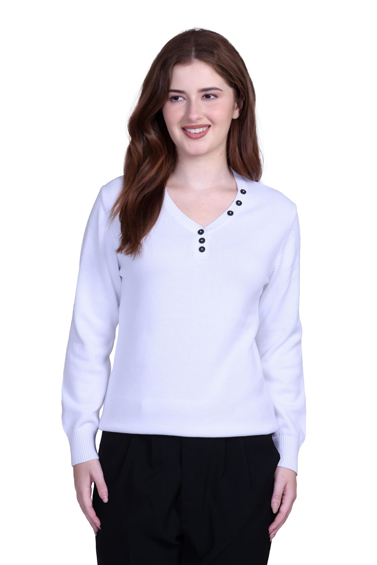 Womens Cotton Round Neck Plain Solid Buttoned Full Sleeve Ribbed Pullover Sweater-image-38