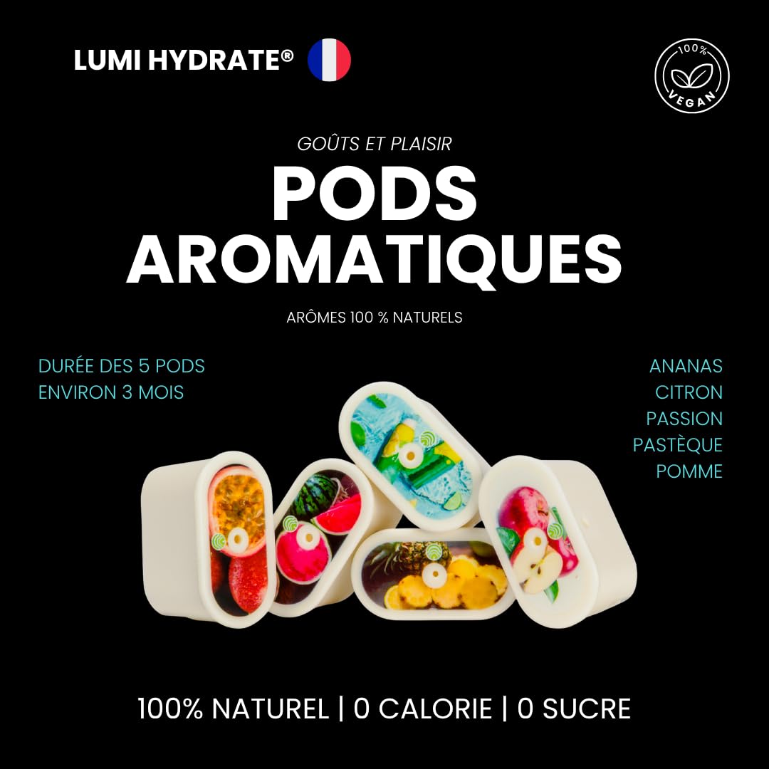 gourde aromatisée - 600 ml en acier inoxydable - bouteille d'eau parfumée - 5 pods aromatiques - arômes 100% naturels - idéal pour sport et quotidien