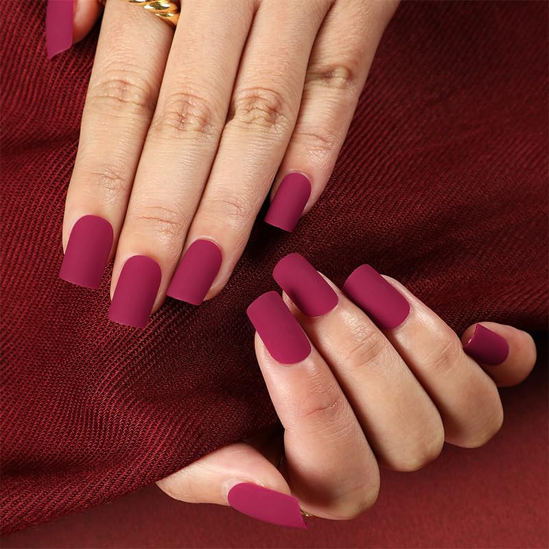 ORZOLATENT Burgundy Matte Press-On Nails – 24 Square False Nails, 12...