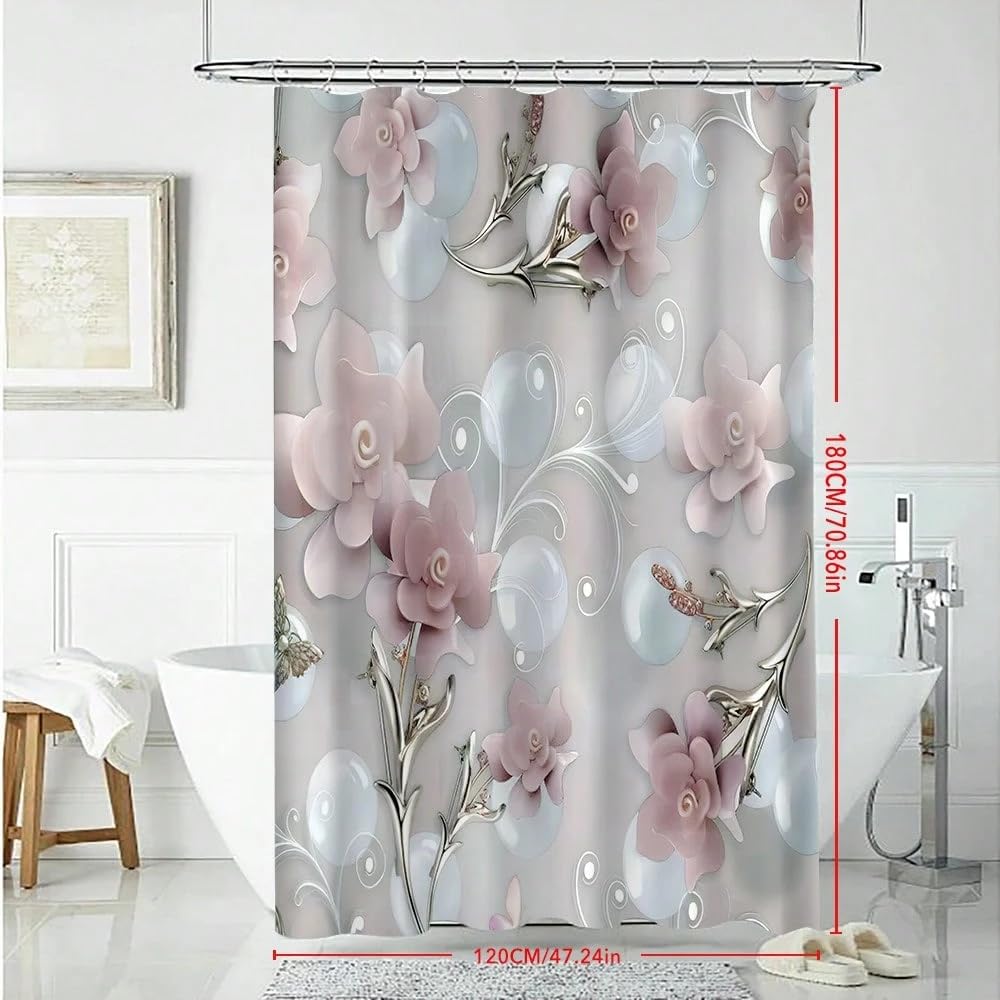 Rideau de Douche Nordique à Motif Floral 3D en Relief, Rideau de Douche de Salle de Bain imprimé en 3D avec Motif Floral Rose et Blanc (300 x 180 cm / 118 x 71 po (L x H))