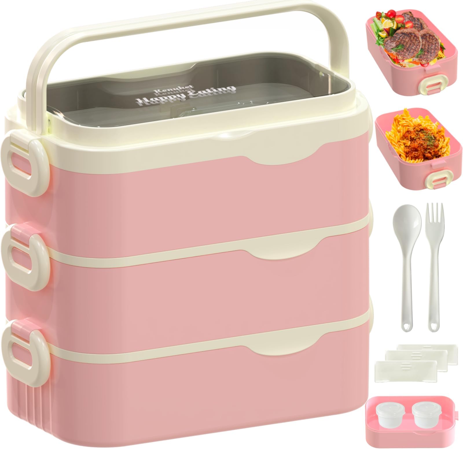 Bento Box Adult Lunch Box, Stackable 3 Layers Large Capacity Lunch Containers, Microwave and Dishwasher Safe Food Grade Containers with Utensils, Dividers and Sauce Boxes for Men, Women, Kids
