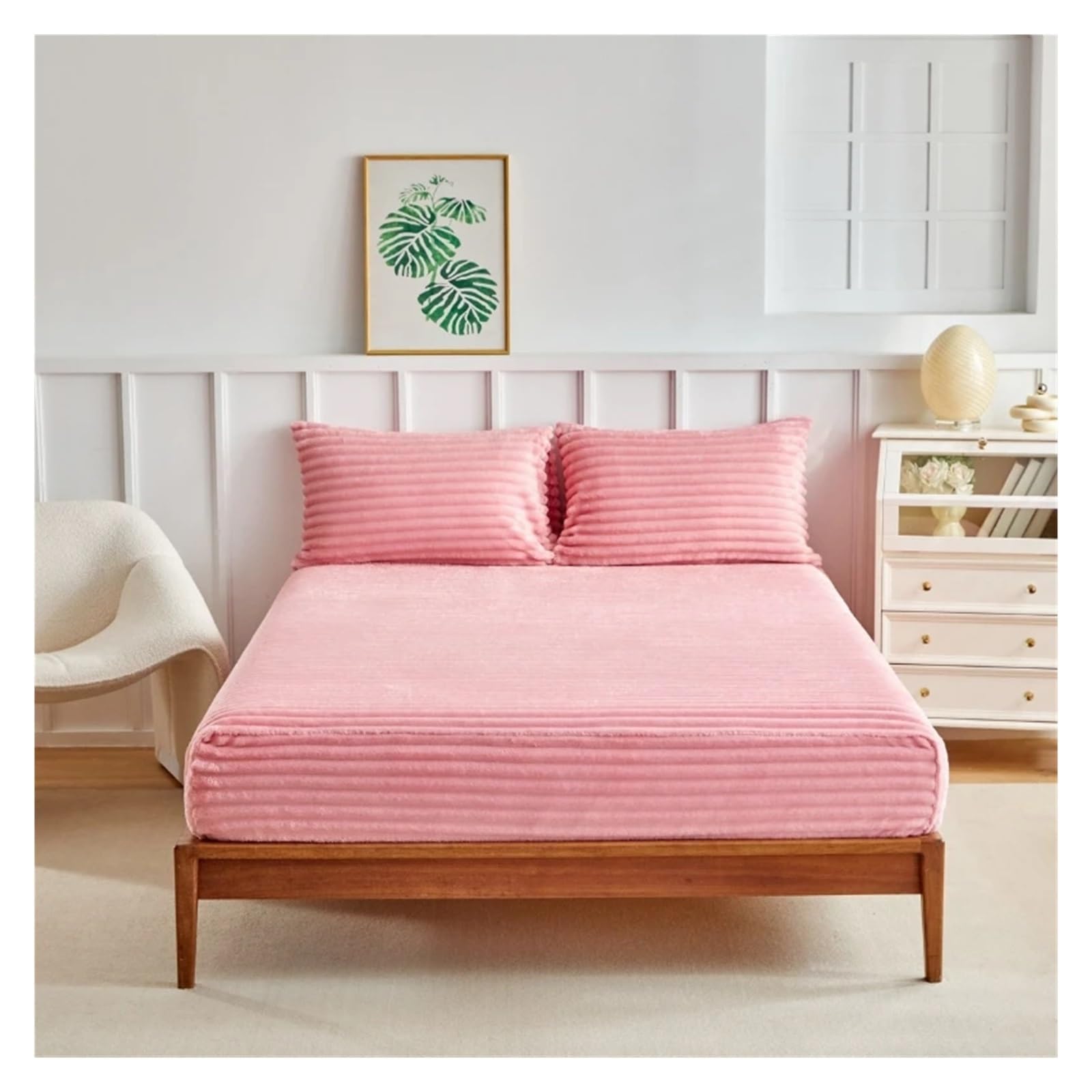 Copri Materasso Matrimoniale Copripiumino, coperta, copricuscino e copriletto in velluto a doppia faccia, con pelo di coniglio, set da tre pezzi(Pink,138X190 high30CM3PCS)