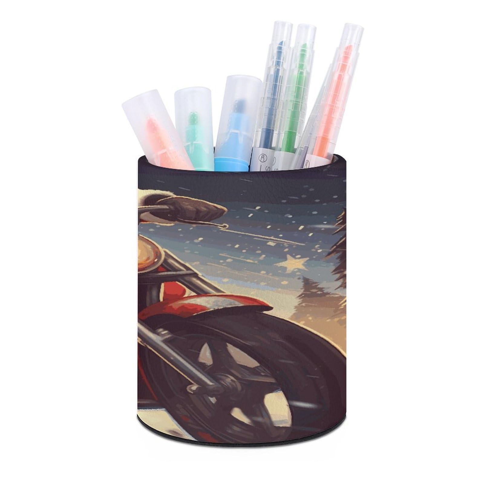 LDGSUPH Santa Claus Biker Riding Round Pen Holder Leather Pen Cup Pencil Cup Pen Organizer Pencil Holder for Desk Organizer Pencil Organizers Makeup Brush Holders for Home Office Gift