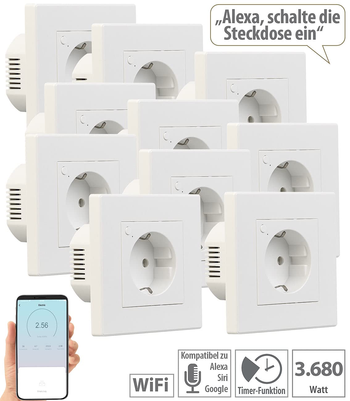 Luminea Home Control Alexa Smart Steckdose: 10er-Set WLAN-Unterputz-Steckdosen mit Verbrauch-Messung, App, 3.680 W (Unterputz-Steckdose Alexa, Programmierbare WLAN)
