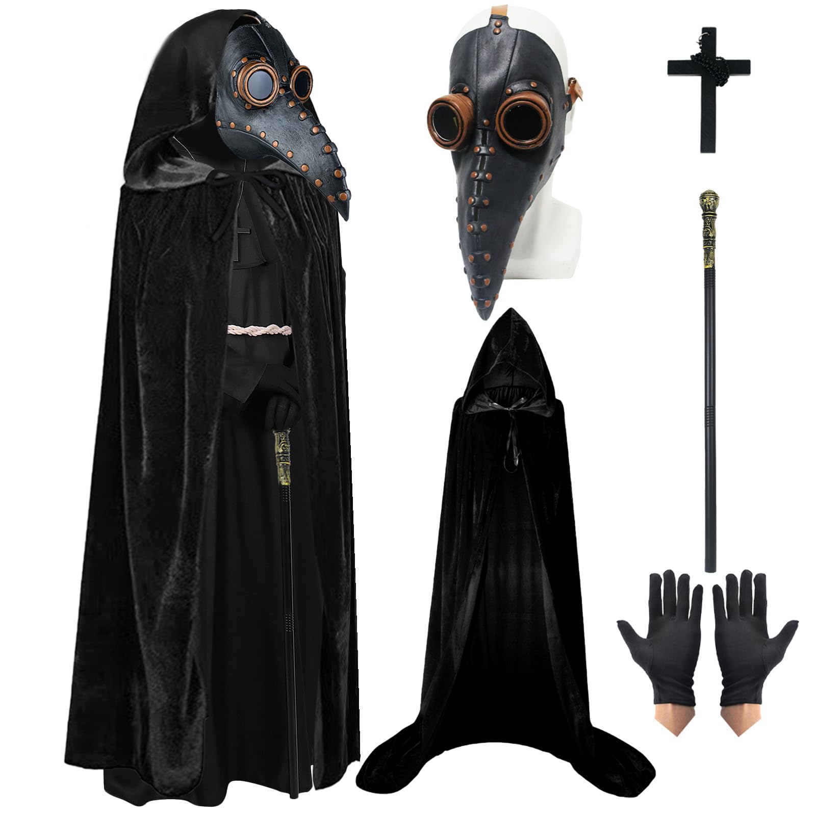 MAINOSHY 4PCS Halloween Props Costume Set, Plague Doctor Mask Props Long Nose Beak Mask with Black Hooded Cape, Black Gloves, King Scepter for Halloween Cosplay