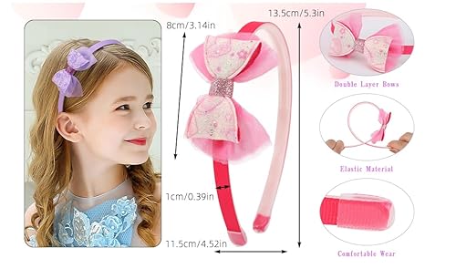 Miniatura 10 de YYDDYRX Paquete de 6 diademas para niñas con purpurina para niñas, con lazo, corazón, estrella (A-666)