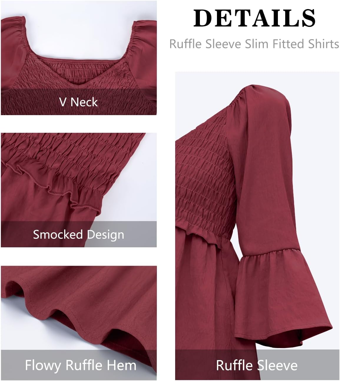 Womens Ruffle 3/4 Sleeve Babydoll Tops V Neck Peplum Blouse Smocked Loose Fit Tunic Top Bell Sleeve Dressy Tee Shirts - Image 6
