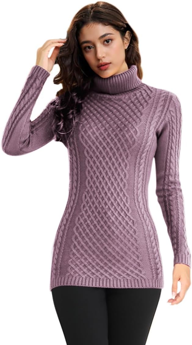 v28 Women's Cotton Turtle Cowl Neck Aran Fishermen Fair Isle Cable Knit Sweater