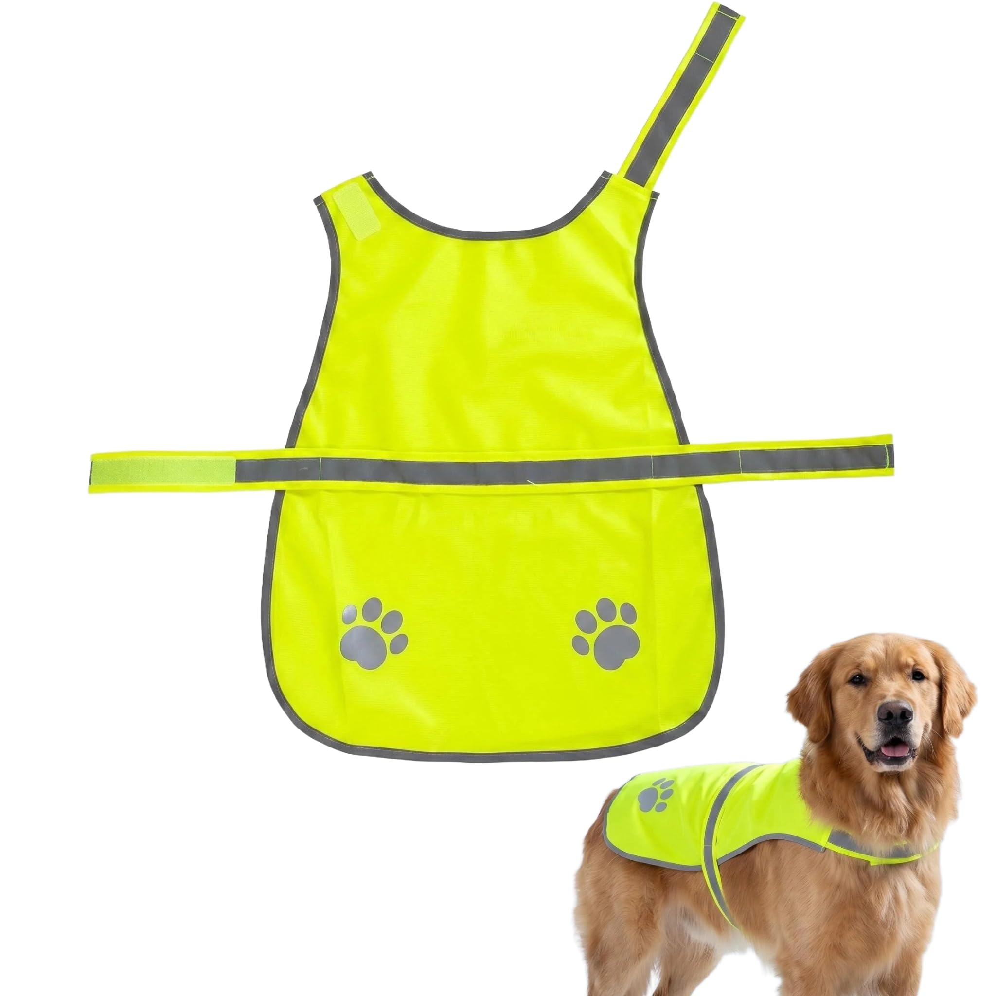 Satiskid Reflective Dog Safety Vest, High-Visibility Fluorescent Yellow Vest for Large Dogs XXL Size, Adjustable Straps with Paw Print Design, Breathable Polyester Night Walking Safety Gear
