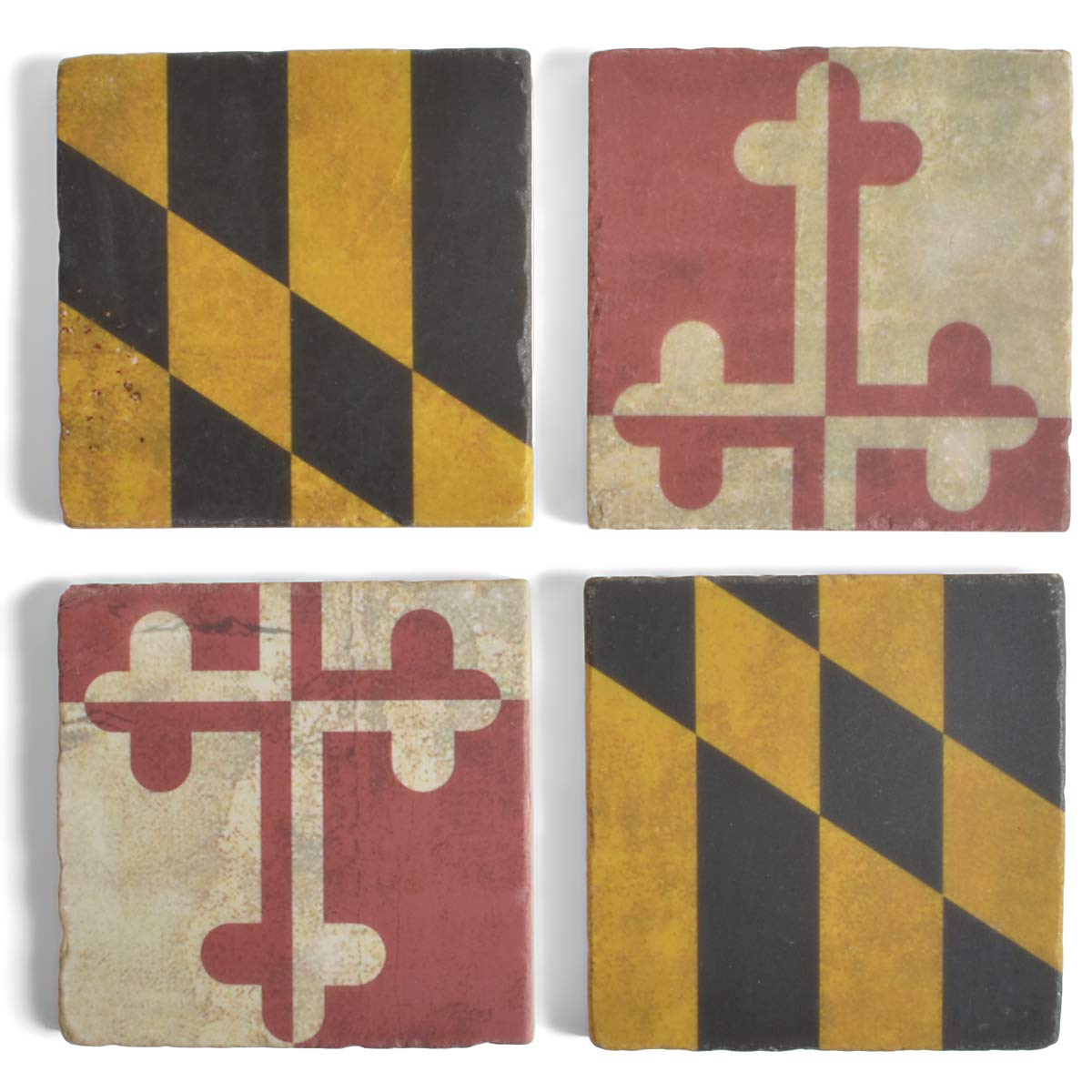 Antiqued Maryland Flag Tumbled Marble Coasters, Set of 4