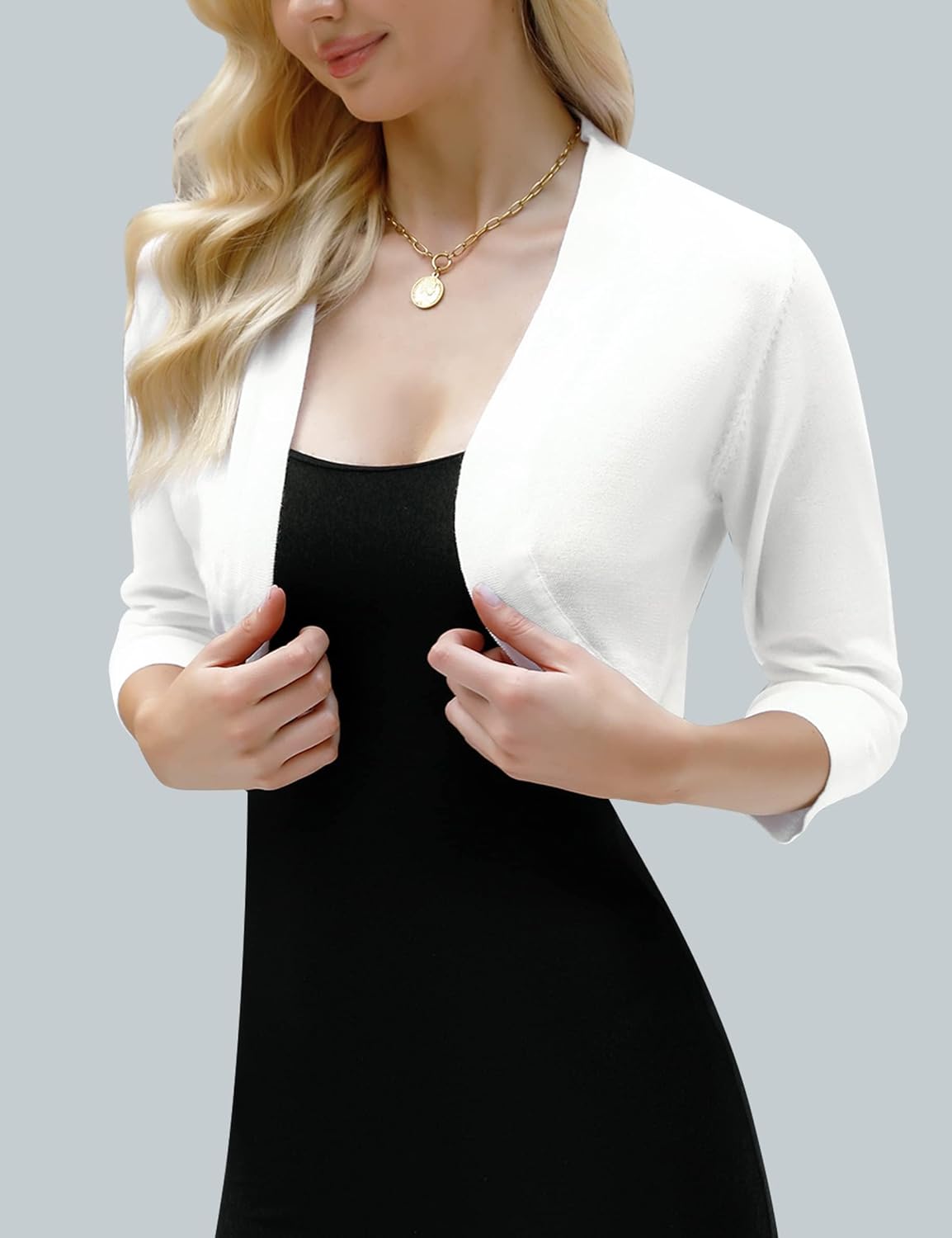 iClosam Womens 3/4 Sleeve Open Front Bolero Shrug Cropped Cardigans Knit Sweater Jacket - Image 4