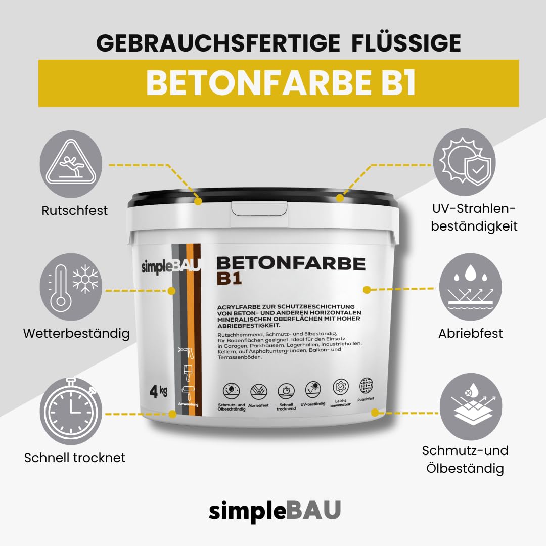 Betonfarbe B1 Grau 4 Kg - Garagenbodenbeschichtung - Betonfarbe Außen Frostsicher -Steinfarben Wetterfest Aussen - Flüssigkunststoff Abdichtung Außen