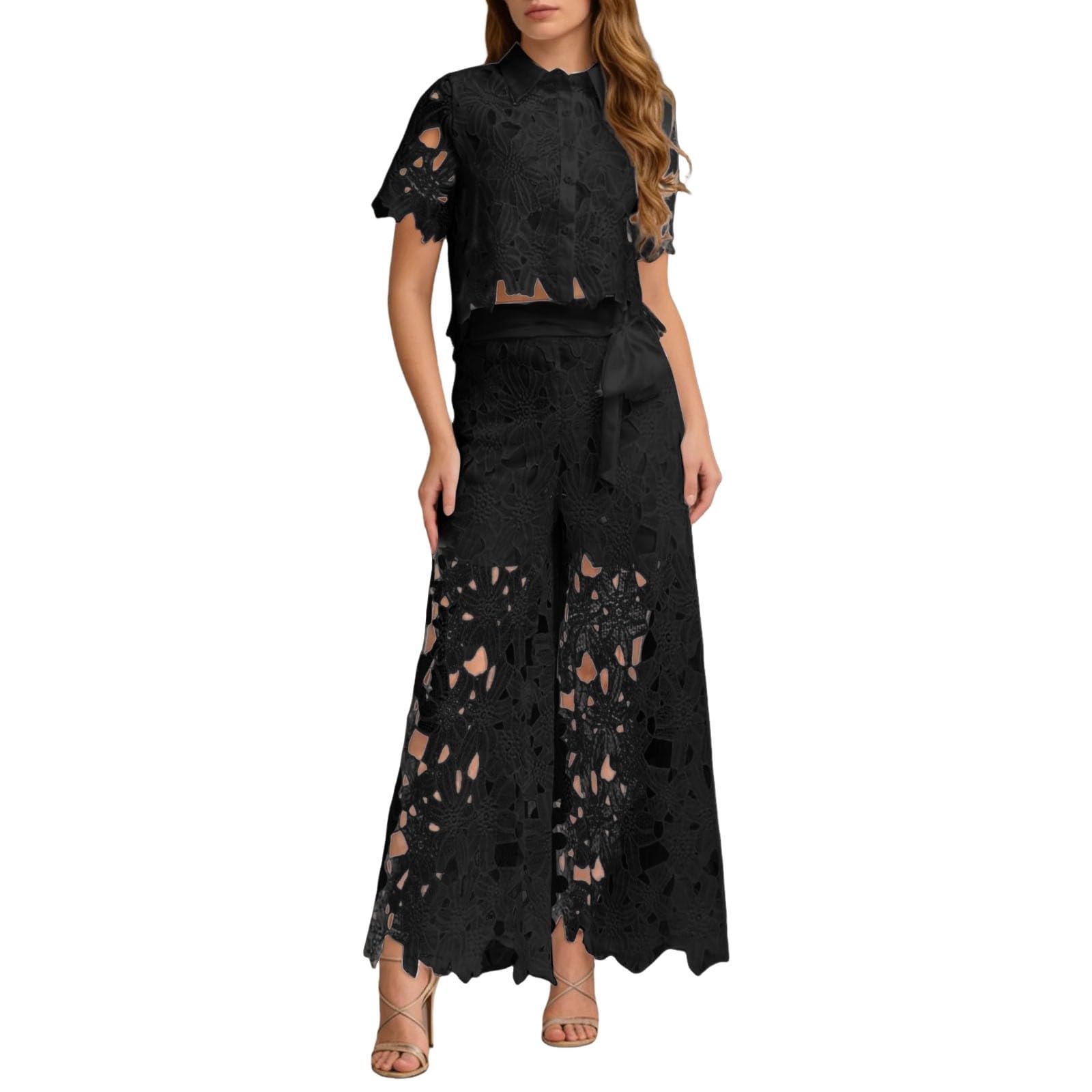 Abito Due Pezzi Donna con Gilet in Pizzo Traforato e Pantaloni a Gamba Larga Elegante per Occasioni Speciali