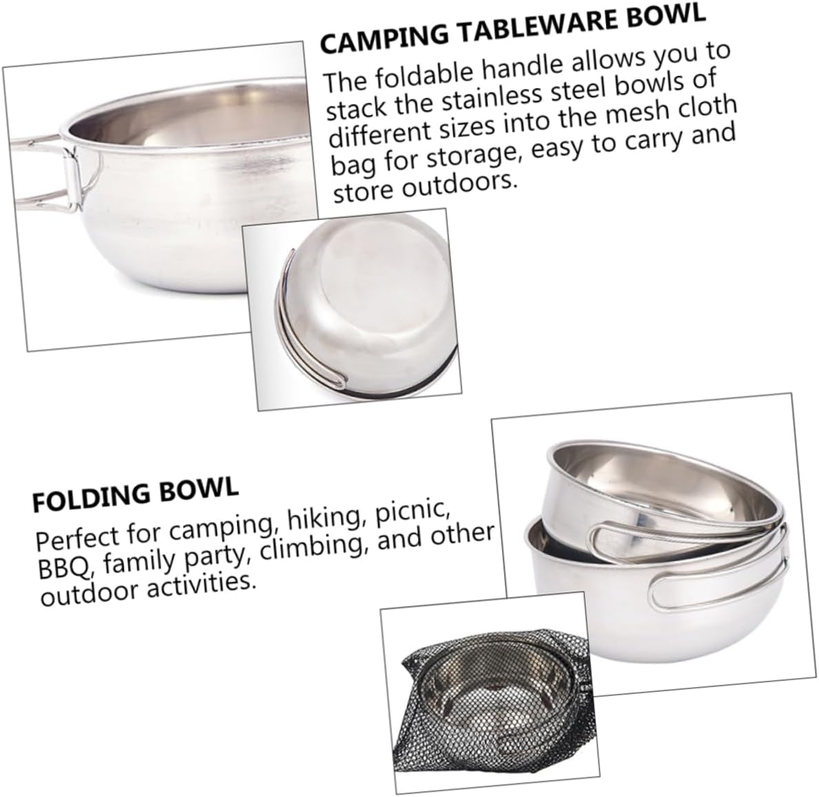 GANAZONO 3pcs Stainless Steel Travel Cutlery Camping Accessory Bowl Storage Bag Collapsible Handle Bowl for Camping Kit