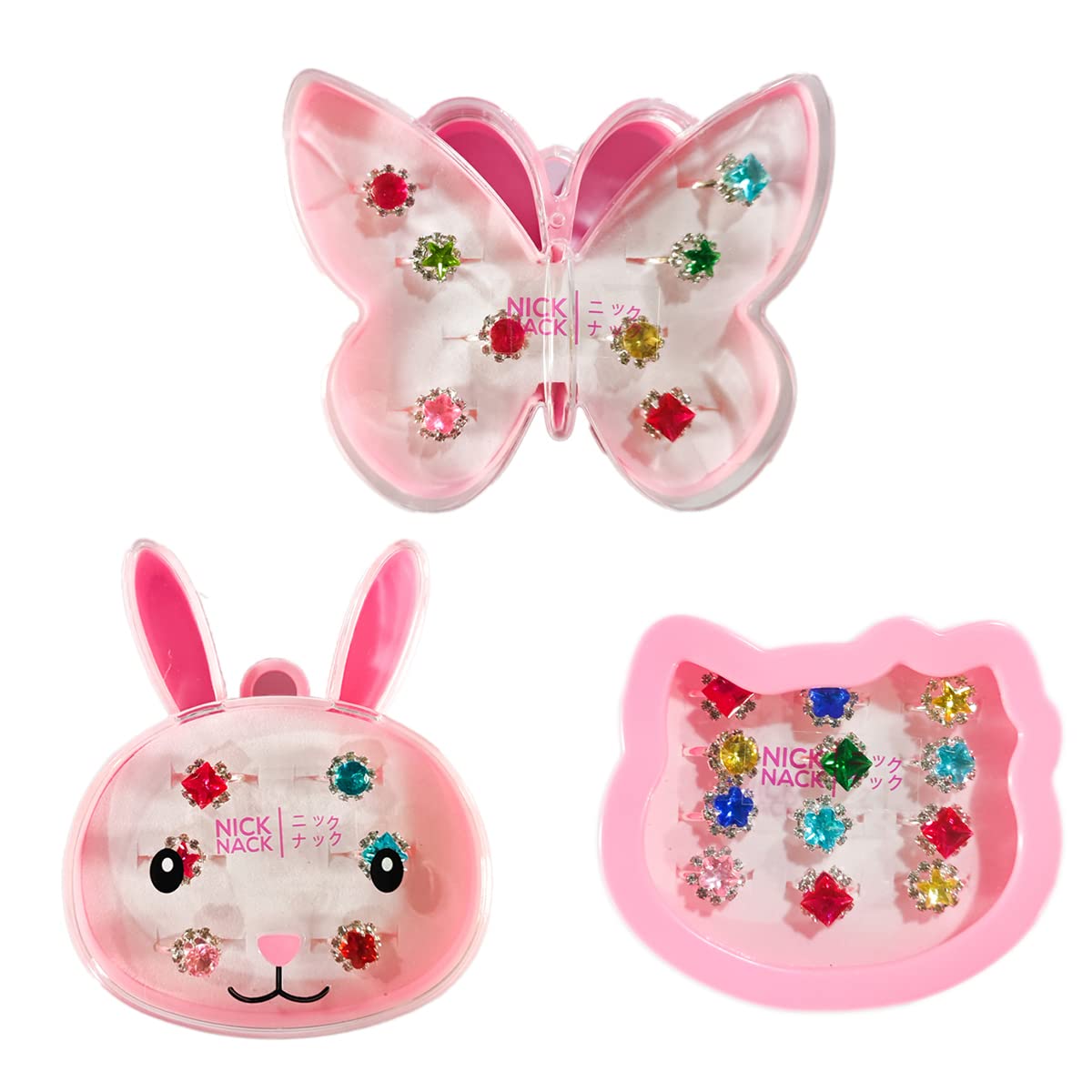 Nick Nack 3 in 1 Jewelry Box Kids Ring Boxes 26 Pcs of shiny rings for dress-ups in Butterfly, Cat & Bunny boxes