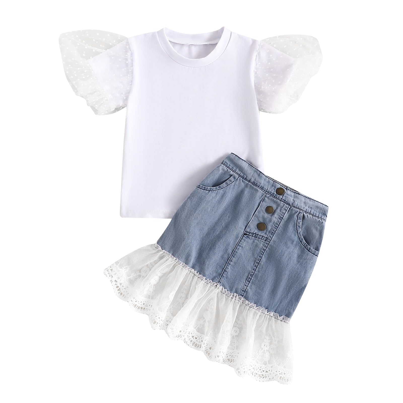 NANCHNEGGU 2PCS Baby Girl Denim Skirts Sets, Mesh Puff Sleeves Shirt + Lace Hem Patchwork Skirts Summer Outfit (White Blue, 12-18 Months)