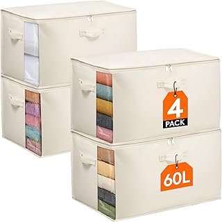 Lifewit 60L Duvet Storage Bag with Handles, Storage Box with Lid, Clothes Storage Container with Reinforced Handle for Duvets, Wardrobe Organiser, Beige, Pack of 4