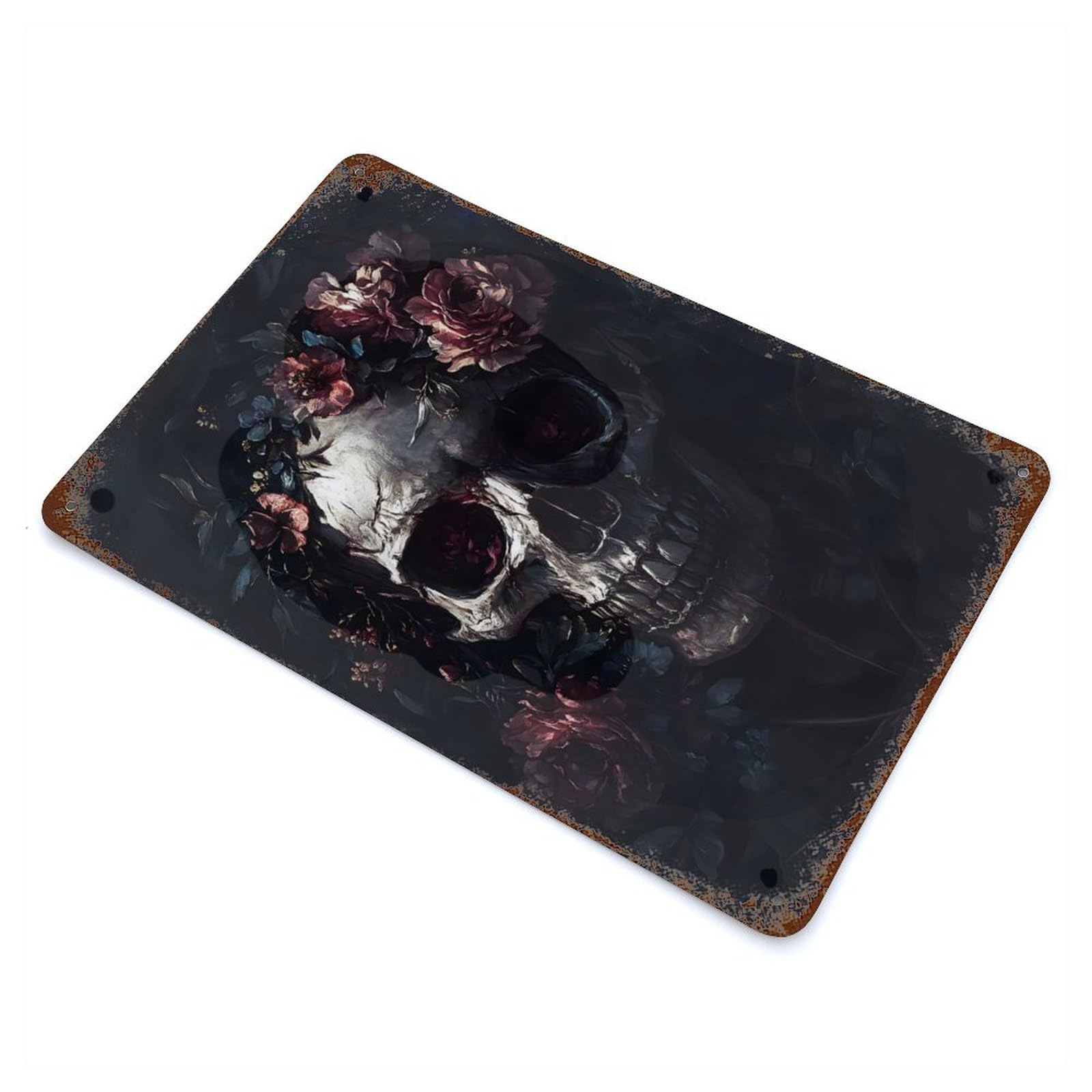 Floral Skull Serenity Vintage Wall Sign 11.8"x7.9", Rust Effect Metal Decor for Basement, Hobby Room And Garage Decor