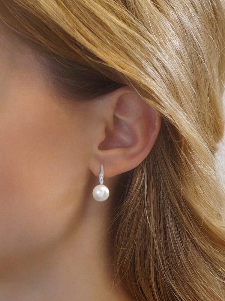 SILVEGO Pendientes para mujer de plata de ley 925 con auténtica perla blanca y circonitas, Plata de ley, Perla