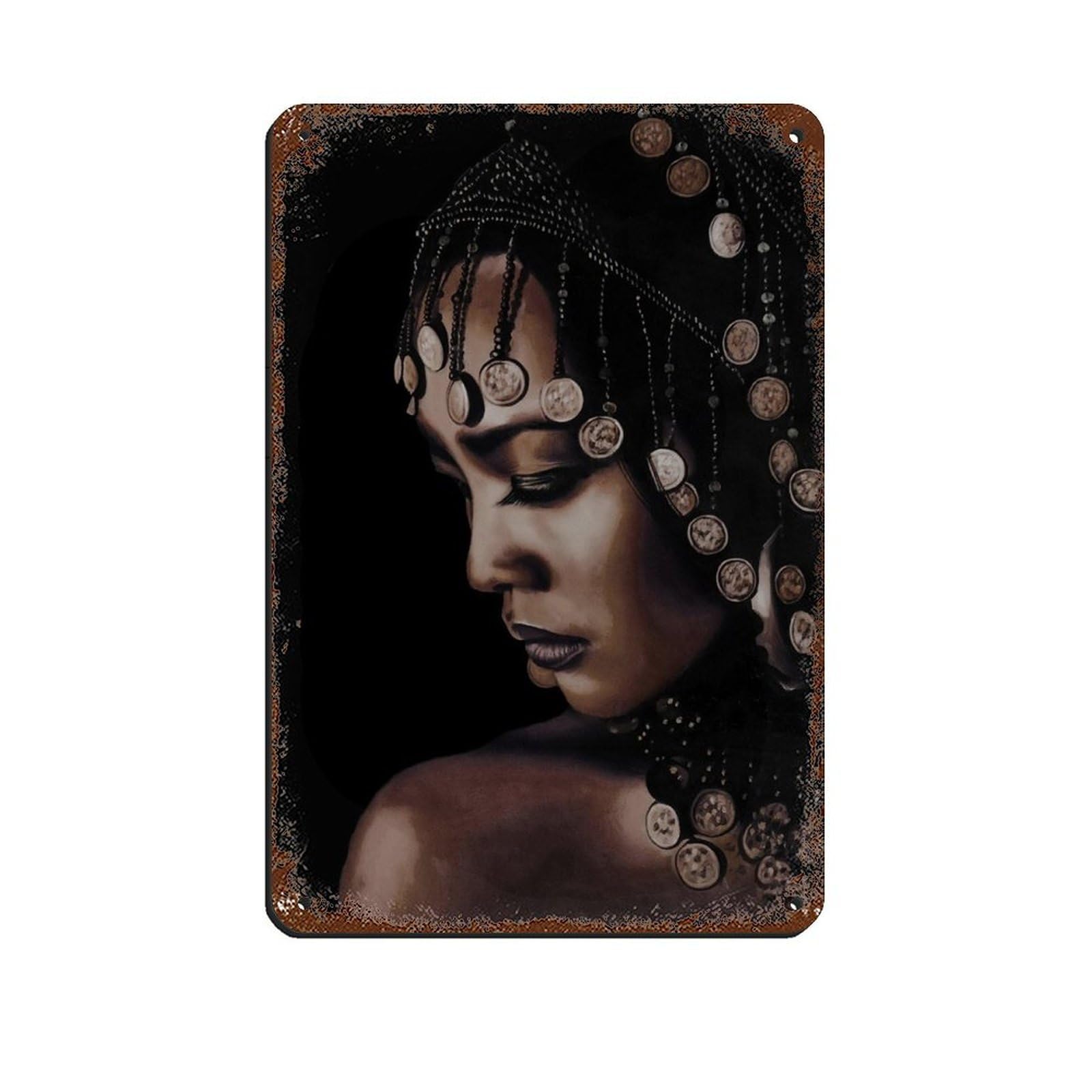 African Woman Art Poster Tin Sign Vintage Metal Pub Club Cafe Bar Home Wall Art Decoration Poster Retro 8x12inch(20x30cm)