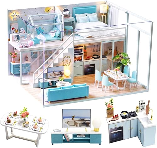 Spilay Casa de muñecas en miniatura con muebles, kit de casa pequeña con a prueba de polvo y movimiento musical, escala 124, idea de regalo creativa