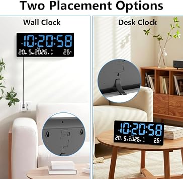 Large Digital Wall Clock, 15.5LED Digital Wall Clock Powered by Cord with Remote Control, Seconds, Date, Week, Temperature, 2 Alarms, Wall & Desk Clock for Living Room, Kitchen, Garage (Blue)