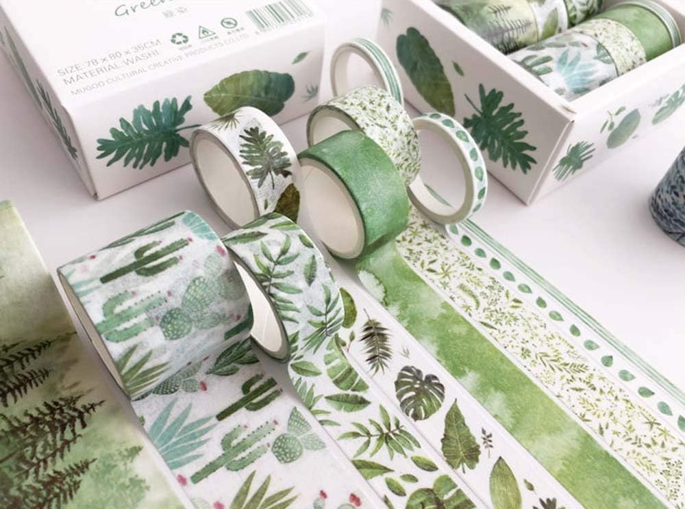8 Rolls Washi Tape Set,Multi-Pattern Decorative Washi Tape, Cute Green Plants Floral Animals, Decorative Tape for Scrapbooks, Journals, DIY Decor and Craft Aplied (Green)