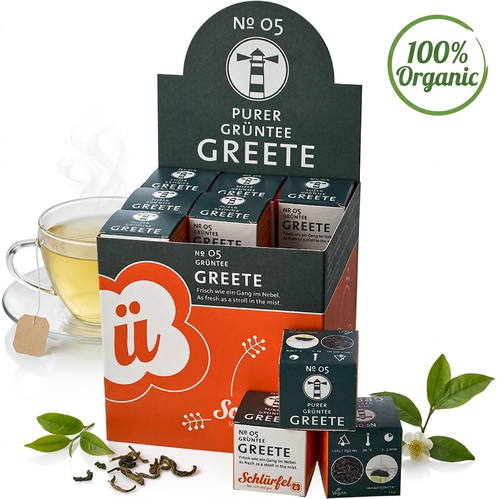 Schlürf „Greete" – Aromatischer BIO Grüner Tee aus China – Reiner Nebeltee zart-süßlich – 27 PLA Pyramidenteebeutel – PLA-Teebeutel auf Basis pflanzlicher Rohstoffe – Einzeln kuvertiert