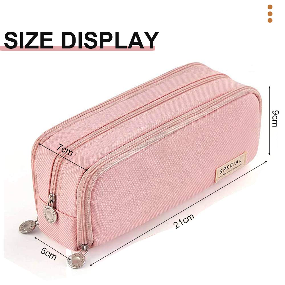 SeBeLi Pencil Case, Big Capacity 3 Compartments Canvas Makeup Cosmetic Pouch for Teen Boys Girls School Students Office (Pink) - Image 4