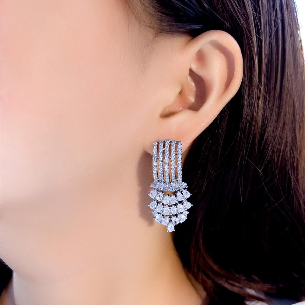 Luxury Cubic Zirconia Chandelier Drop Long Dangle Engagement Wedding Bridal Party Earrings For Women - Image 3