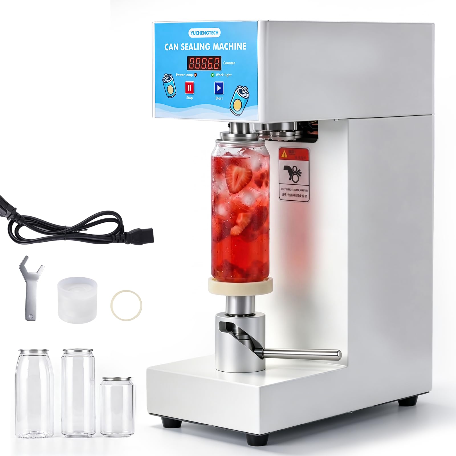 YUCHENGTECH Máquina Comercial para Sellar Latas 55mm Altura 11,5-17cm | Selladora de Latas de Refresco para Botes de Alu y Plástico con 2 Soportes y Contador LCD para Cafés y Tiendas de Bubble Tea