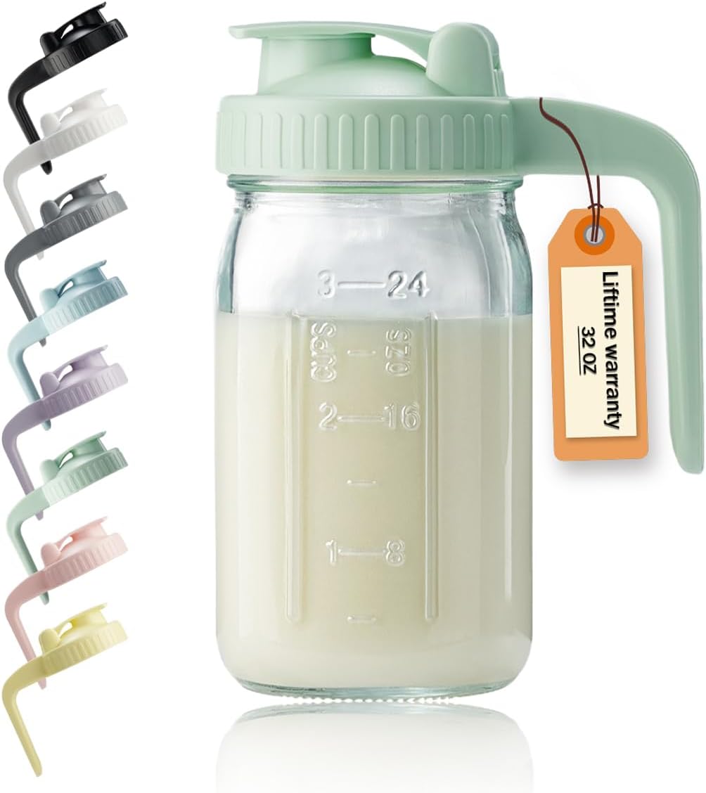 32oz Glass Pitcher with Lid & V-shaped Pour Spout – 1 Quart Breastmilk Pitcher Double Leak Proof, Creamer Container for Sun Tea, Juice, Cold Brew Coffee, Breastmilk Storage Container