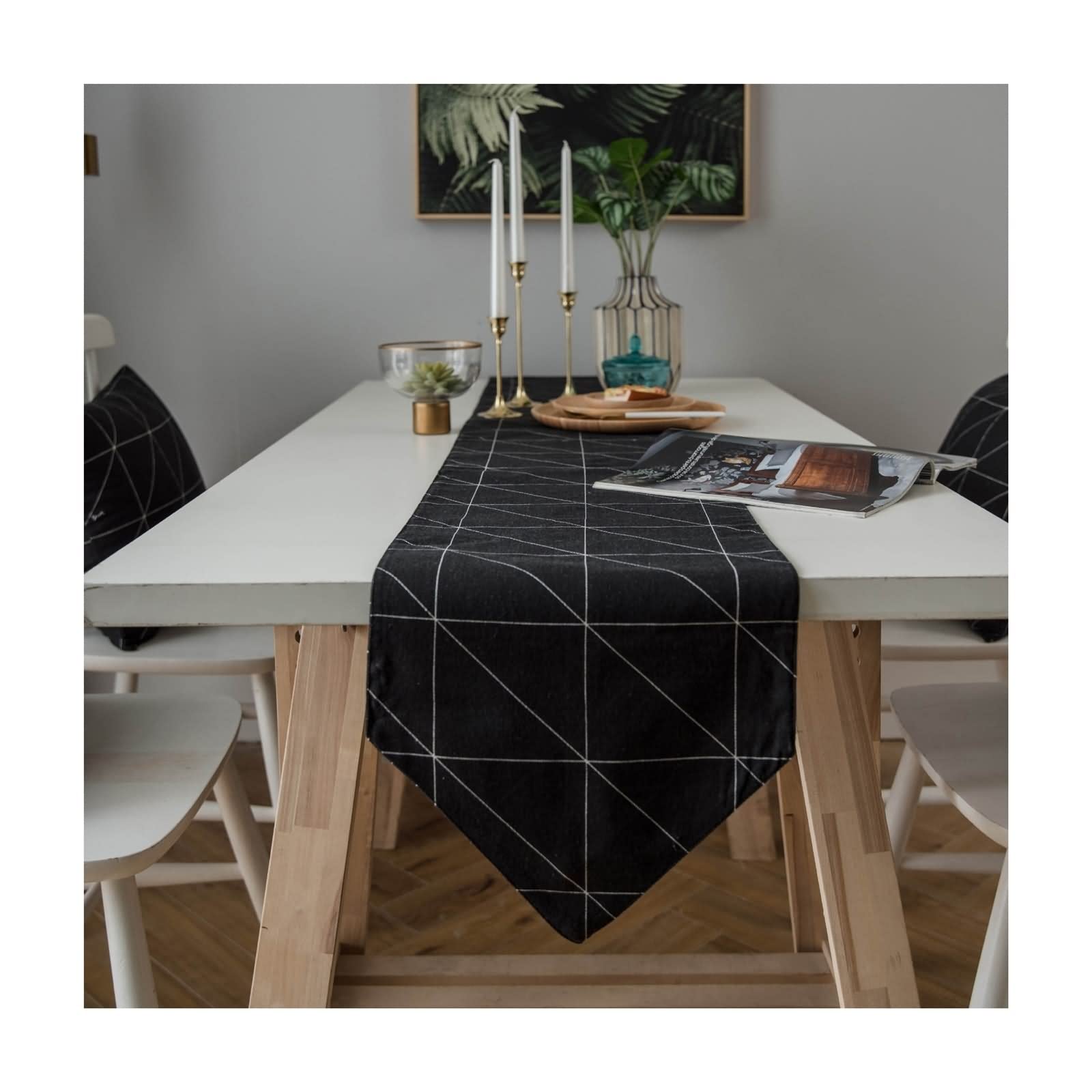 Camino de Mesa de Navidad, Decoración para Comedor Celosía Geométrica Negro Sabana de Algodon 30x220CM