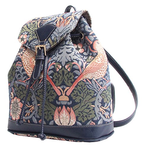 Signare William Morris Strawberry Thief Tapestry Flap Buckle Pull String Backpack2