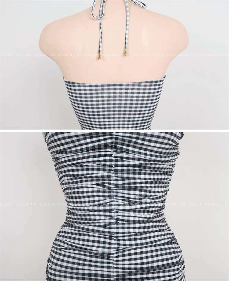 Women's One-Piece Swimsuits, Neck Strapless Monokini, Vintage Plaid Bathing Suit, Female Tummy Control Swimwear3