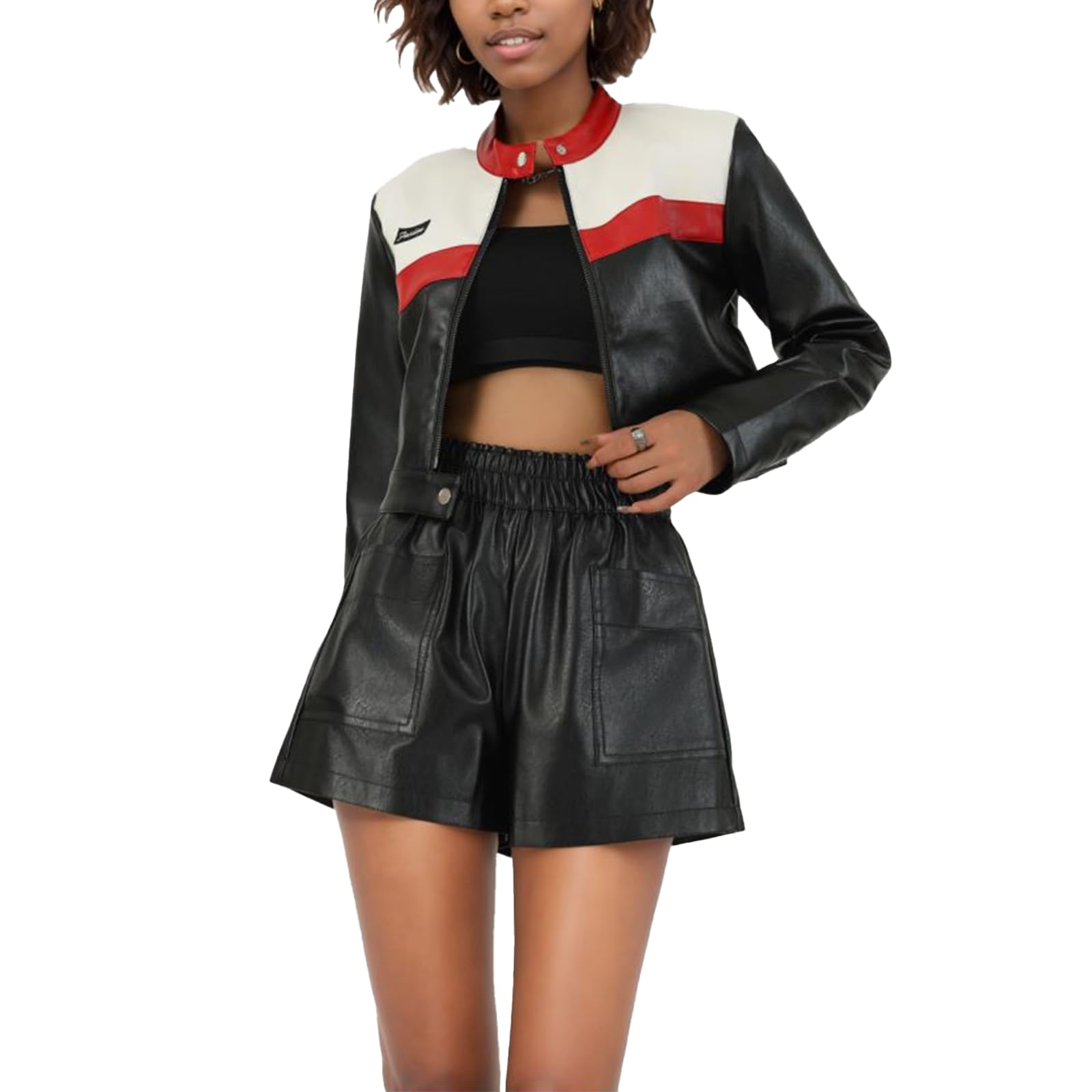 YOUFE Cropped Leather Jacket For Women Trendy Color Block Zip Up