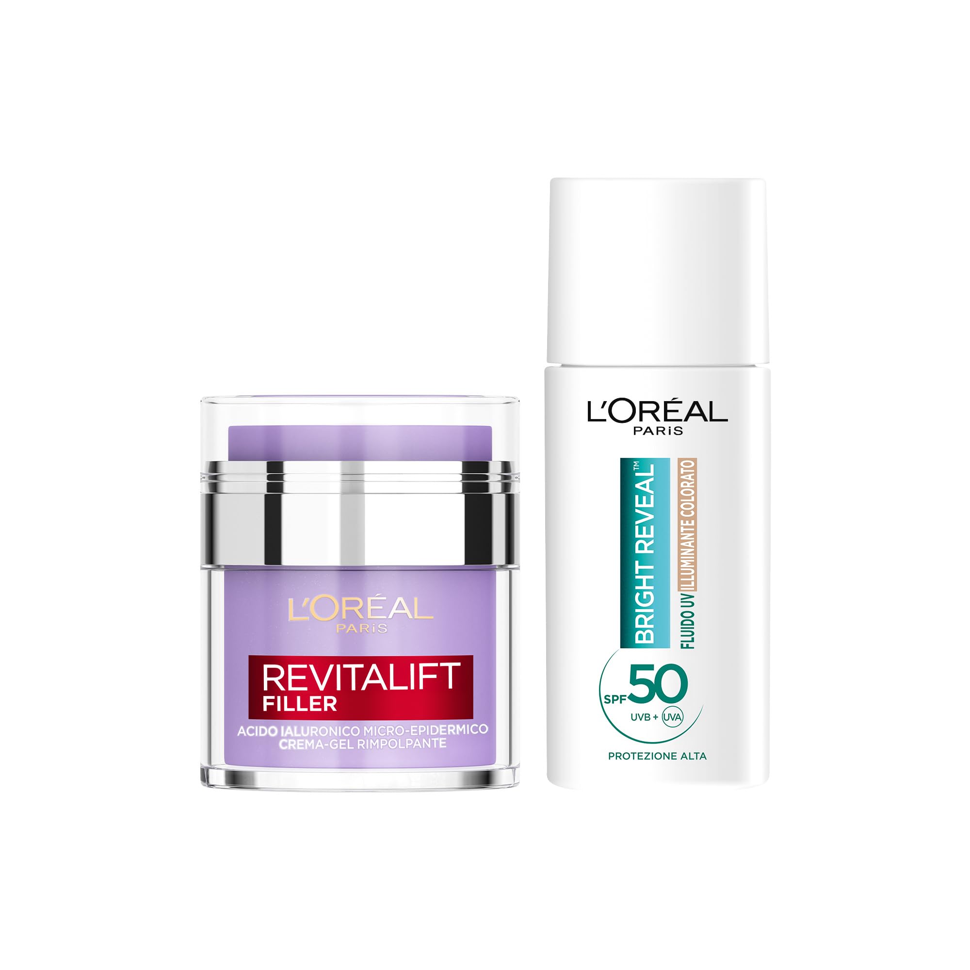 L'Oréal Paris Routine Crema-Gel Rimpolpante Revitalift Filler con Acido Ialuronico, Pelle Idratata a Lungo + Fluido UV Anti-Macchie Bright Reveal Light, Incarnato Luminoso, Con Niacinamide e SPF50