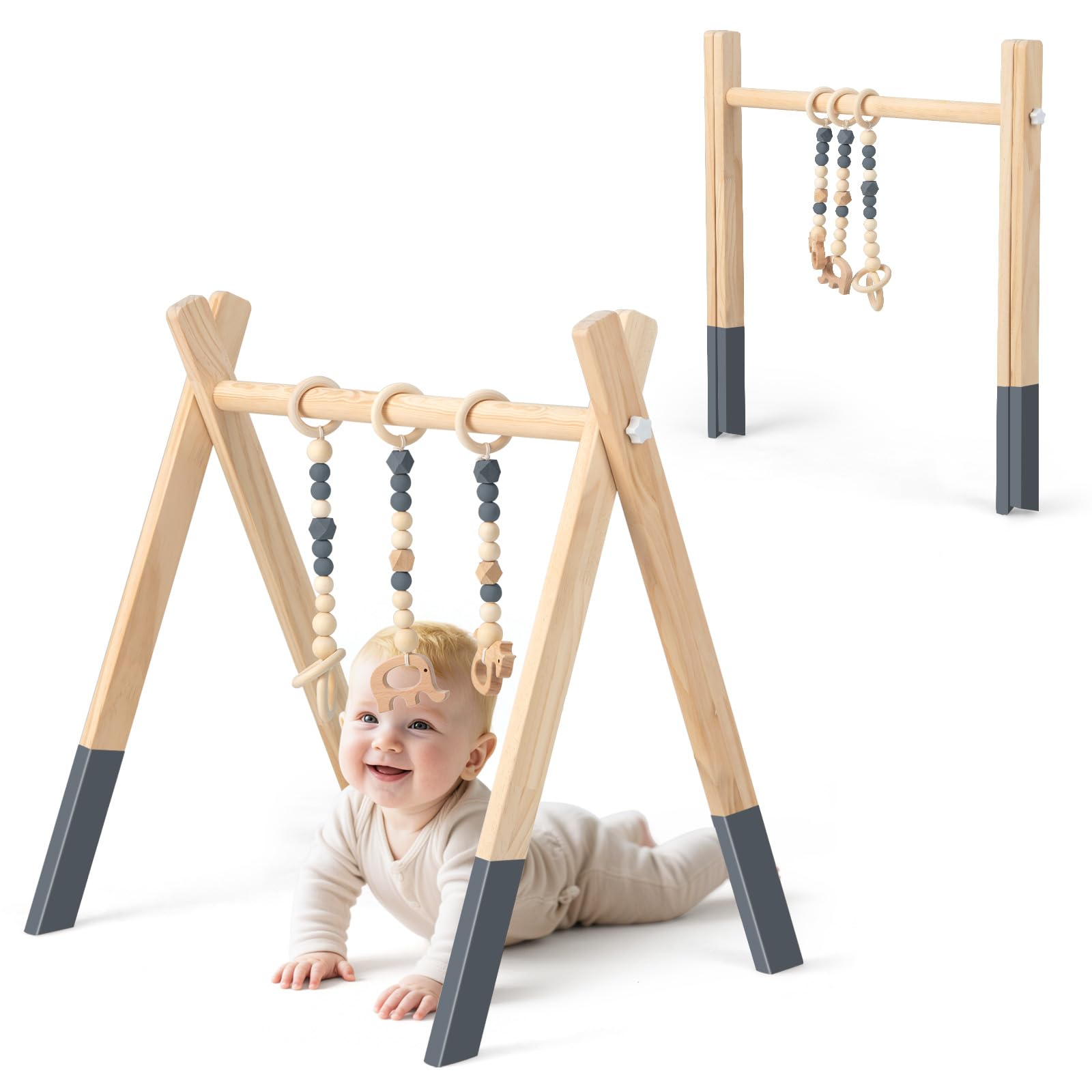 COSTWAY Palestrina Bambini in Legno, Giocattolo a Trapezio Pieghevole Neonati, Montessori Arco da Gioco, per Bambini 3+ Mesi (Grigio)