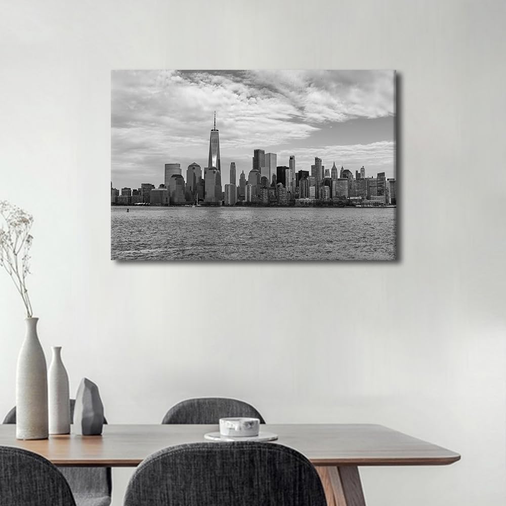 Black and White with the New York City Skyline in the Foreground Canvas Wall Art 1 Panel Color Cityscape Design Artwork Black and White Wall Art Posters and Prints Framed Ready to Hang 24x16 in - Image 3