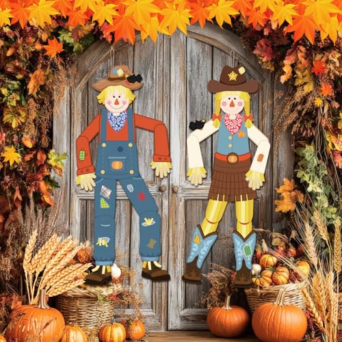 Pinkunn 2 Pack Thanksgiving Fall Scarecrow Door Decor Fall Hanging