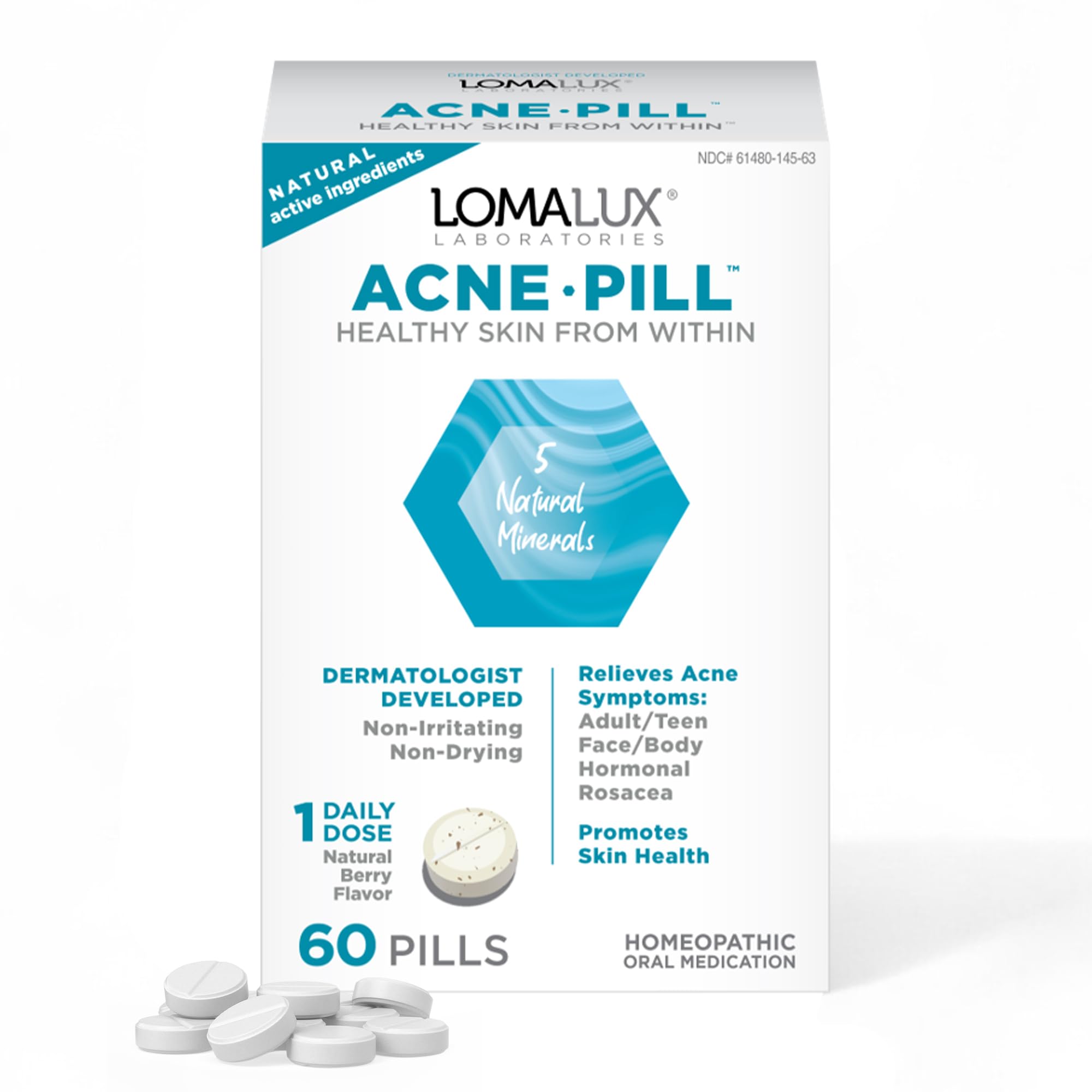 Loma Lux Acne Pills – Skin Clearing Support with 5 Natural Minerals Zinc & Sulfur – Dermatologist Developed Oral Hormonal Acne Treatment Supplement for Face & Body – Helps Prevent All Acne, Oily Skin