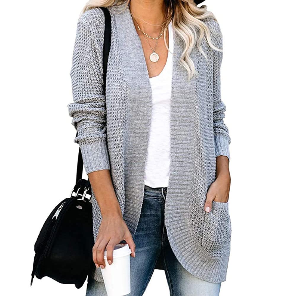 HGJH Strickjacke Damen, Damen Strickpullover Offen Mittellang Strickjacke Waffelstrick Kimono Grobstrick Einfarbig Grau Strickjacke Weich Elegante Herbst-Leichtjacke Für Lässiges Business