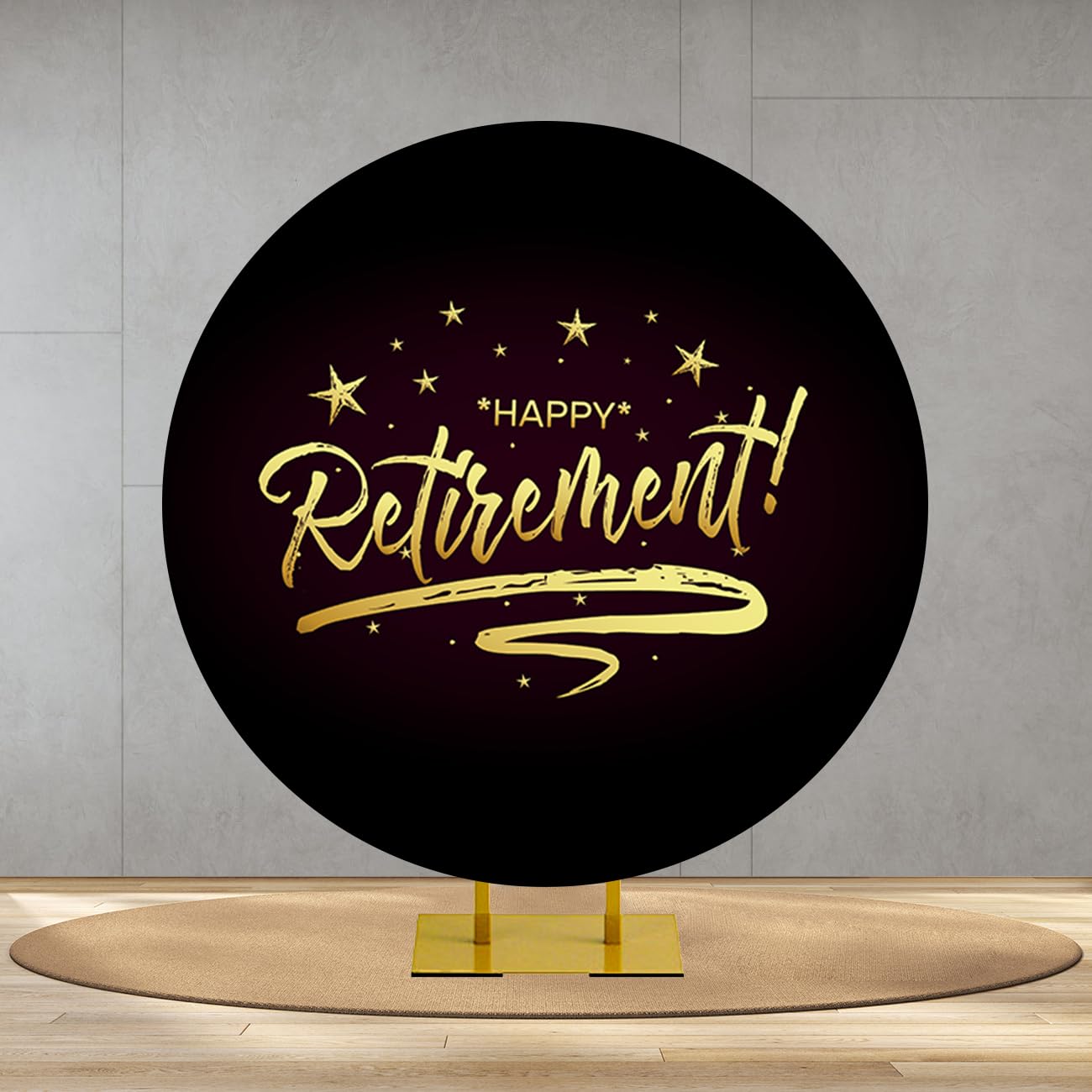 Runder Fotohintergrund „Happy Retirement“ – 1,8m, Schwarz-gold Mit Glitzer – Für Parties & Fotobox