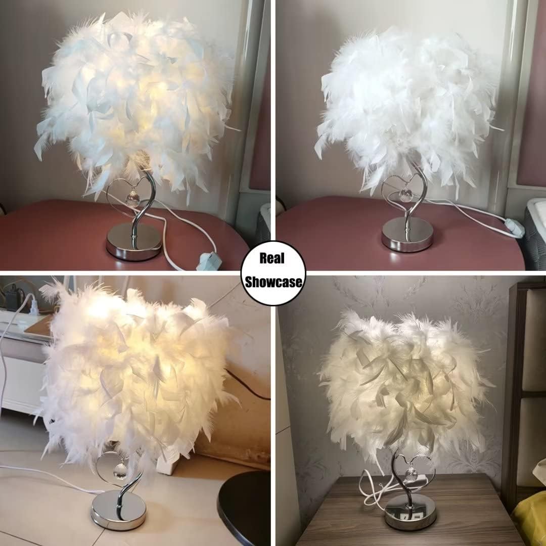 Feather Bedside Lamp Bedside Lampshade Modern Feather Table Light Desk Lampshade with Crystal in Heart & Mental Base for Living Room, Bedroom, Bar, Restaurant, Hotel