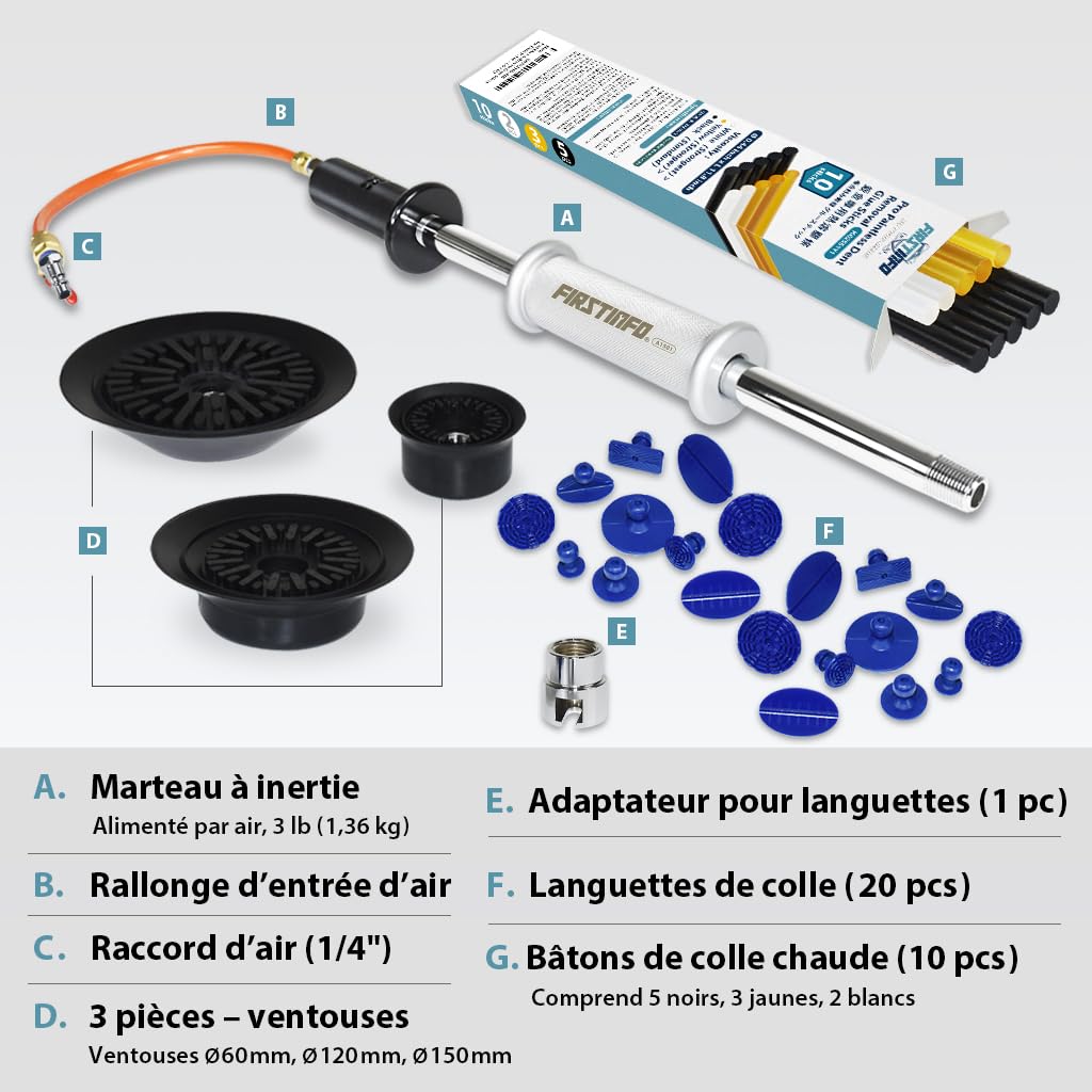 FIRSTINFO Marteau à Inertie Pneumatique Débosselage 3 Ventouses | Kit complet 20 pastilles+colle, valve laiton, 70-170 PSI, idéal grêle et bosses portière, garantie 12 mois, réf. A1501EUY1